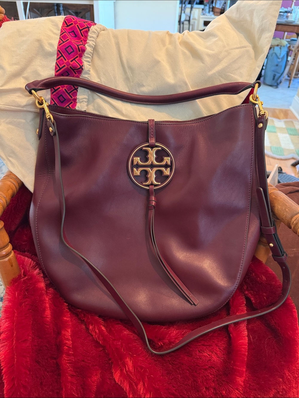 Tory Burch Burgundy Leather Shoulder Hobo with Logo Medallion